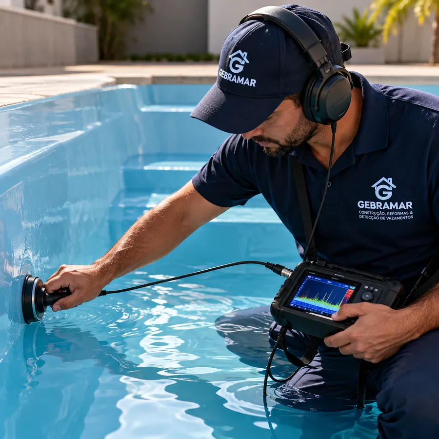 Técnico da Gebramar fazendo caça vazamento e teste estrutural em piscina, sem esvaziar a água